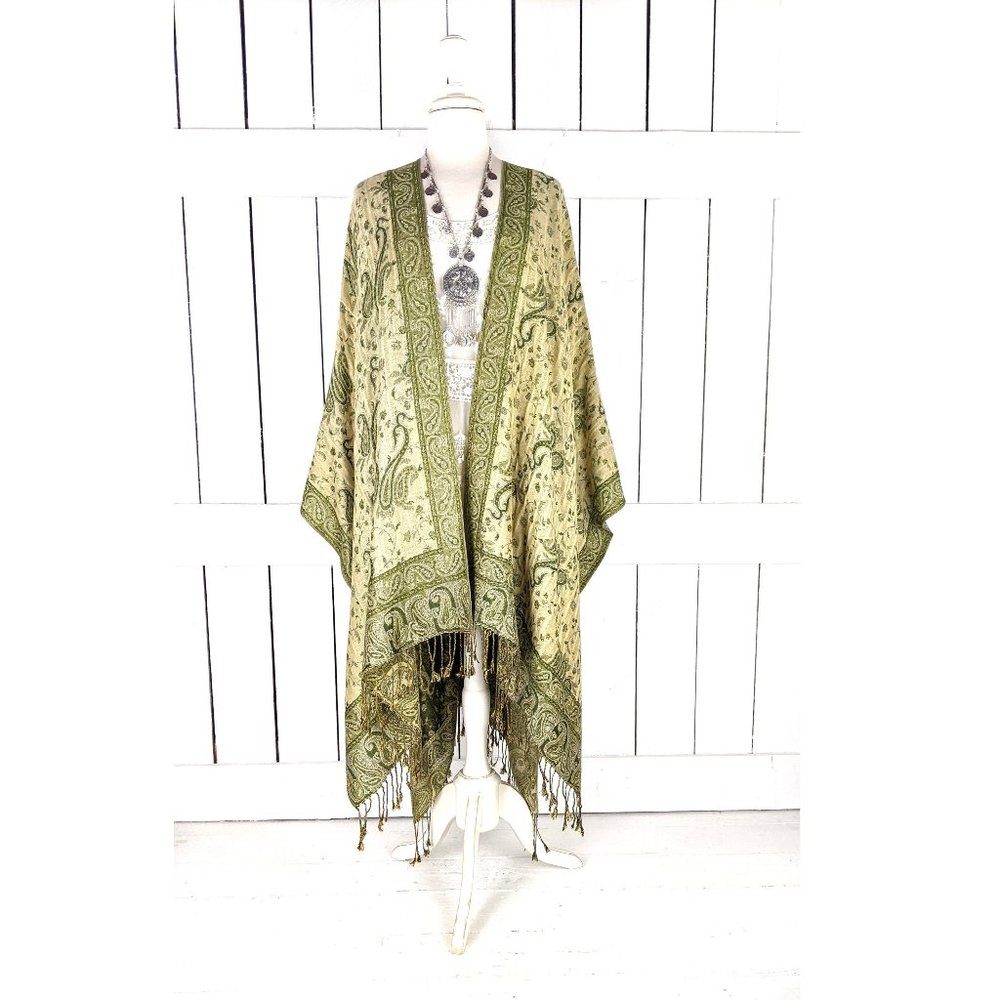 Green paisley floral fringe tassel pashmina kimono cardigan cover up jacket one